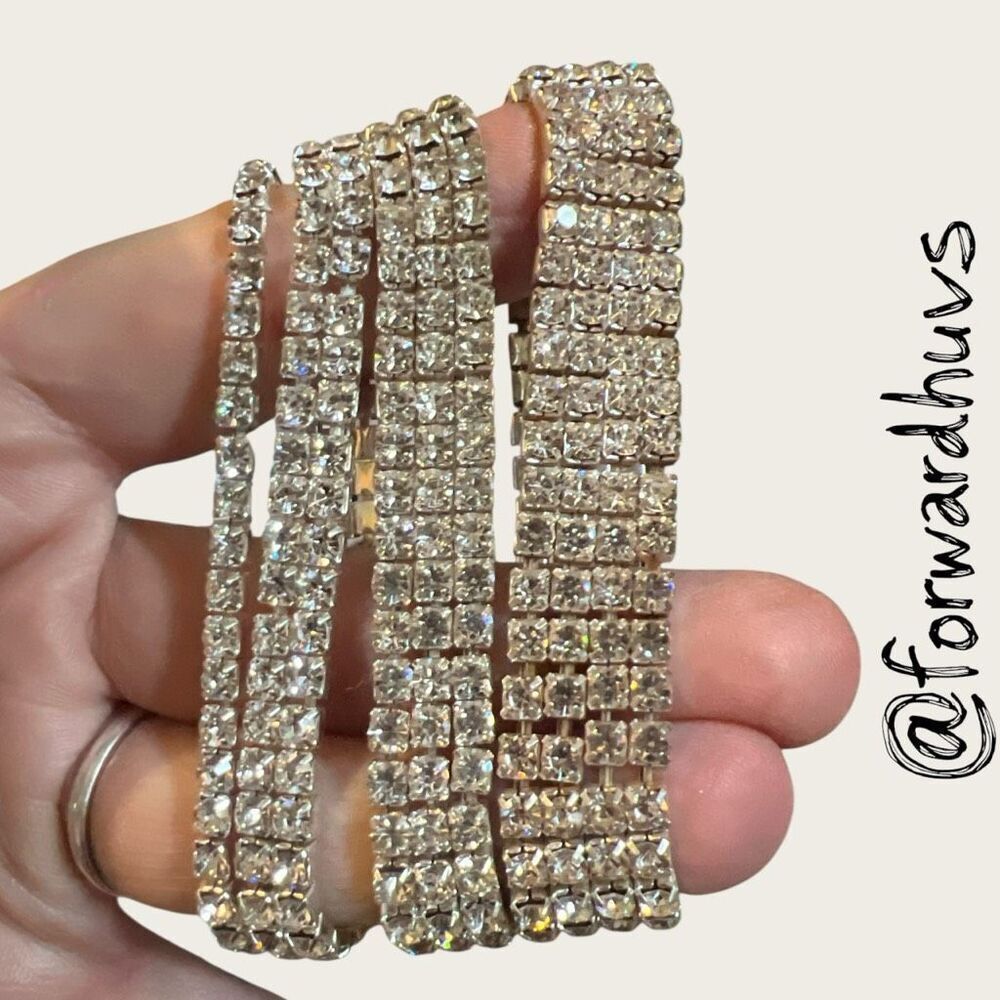 Vintage Rhinestone Stretch Bracelet Set - Metal Slot Backing - Stones Intact